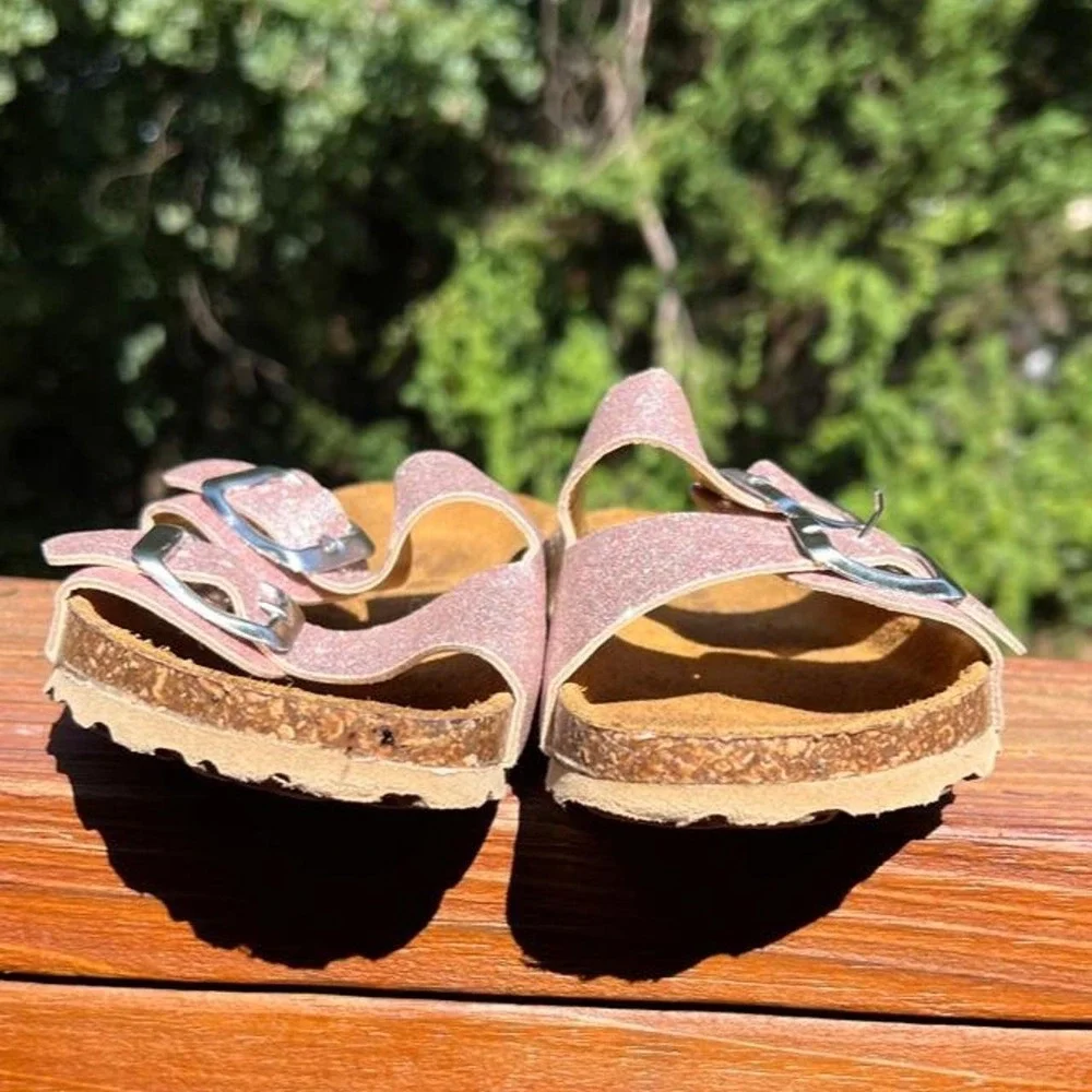 Giulla Palai Youth 1 Pink Glitter Double Strap Cork Bed Slides Sandals